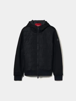 Blusão de malha com capuz e frente em tecido técnico