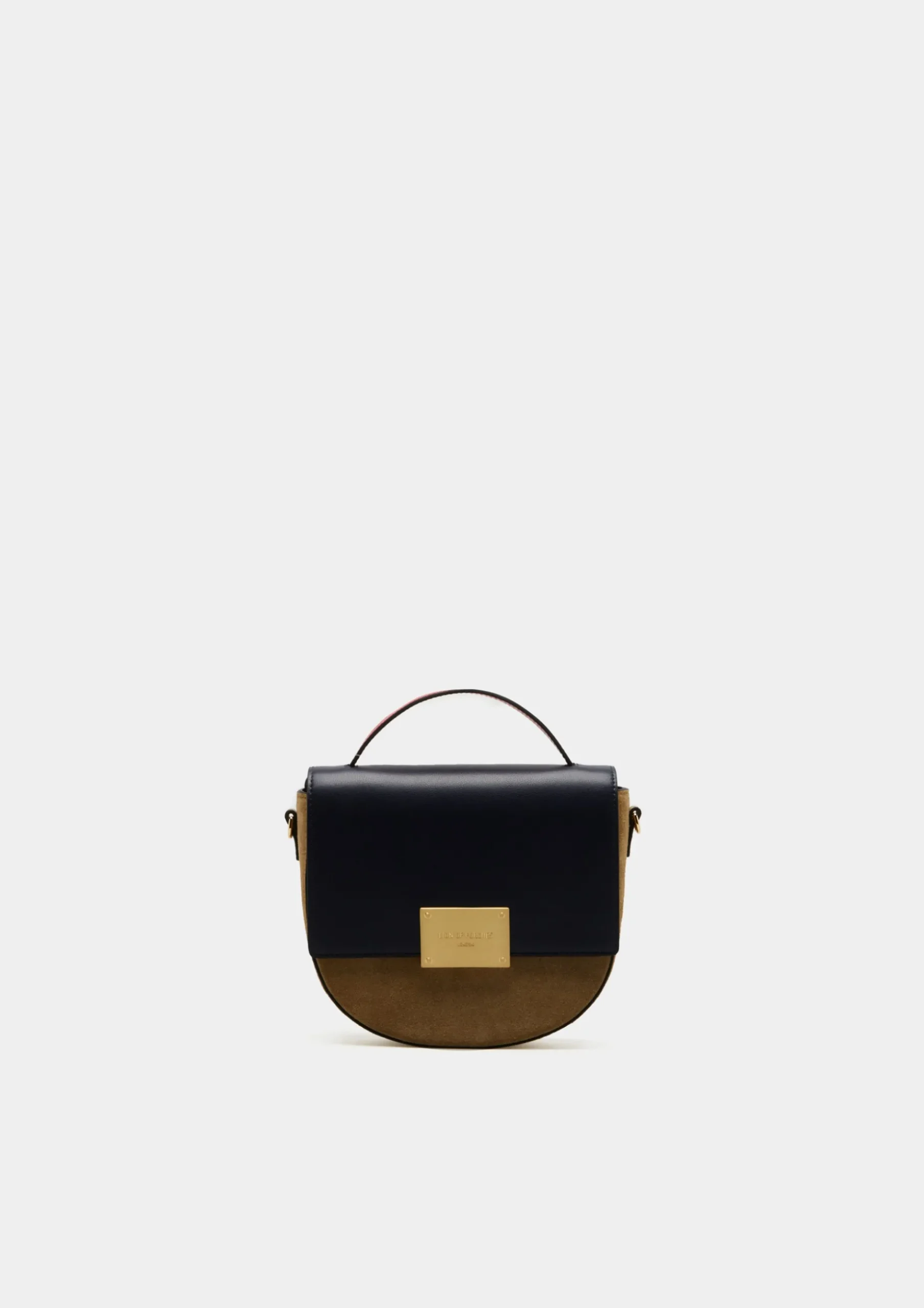 Bolsa semicircular em camurça e pele