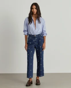 Calças denim wide leg com bordados