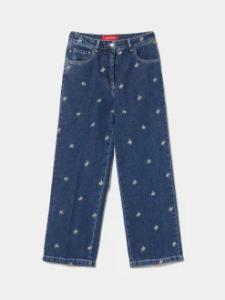 Calças denim wide leg com bordados