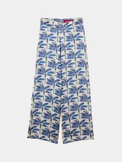 Calças pantalona com padrão de palmeiras