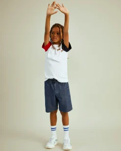 Calções denim com elástico e cordão na cintura