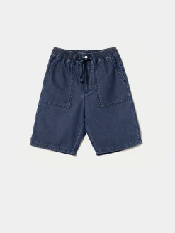 Calções denim com elástico e cordão na cintura