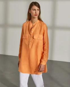 Camisa para mulher comprida em linho com colarinho mandarim