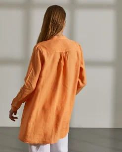 Camisa para mulher comprida em linho com colarinho mandarim