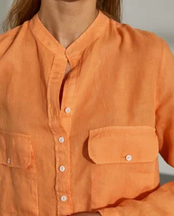 Camisa para mulher comprida em linho com colarinho mandarim