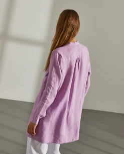 Camisa para mulher comprida em linho com colarinho mandarim