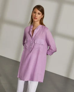 Camisa para mulher comprida em linho com colarinho mandarim