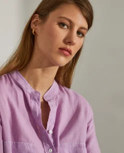 Camisa para mulher comprida em linho com colarinho mandarim