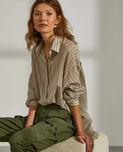 Camisa para mulher de algodão comprida com padrão de riscas