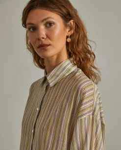 Camisa para mulher de algodão comprida com padrão de riscas