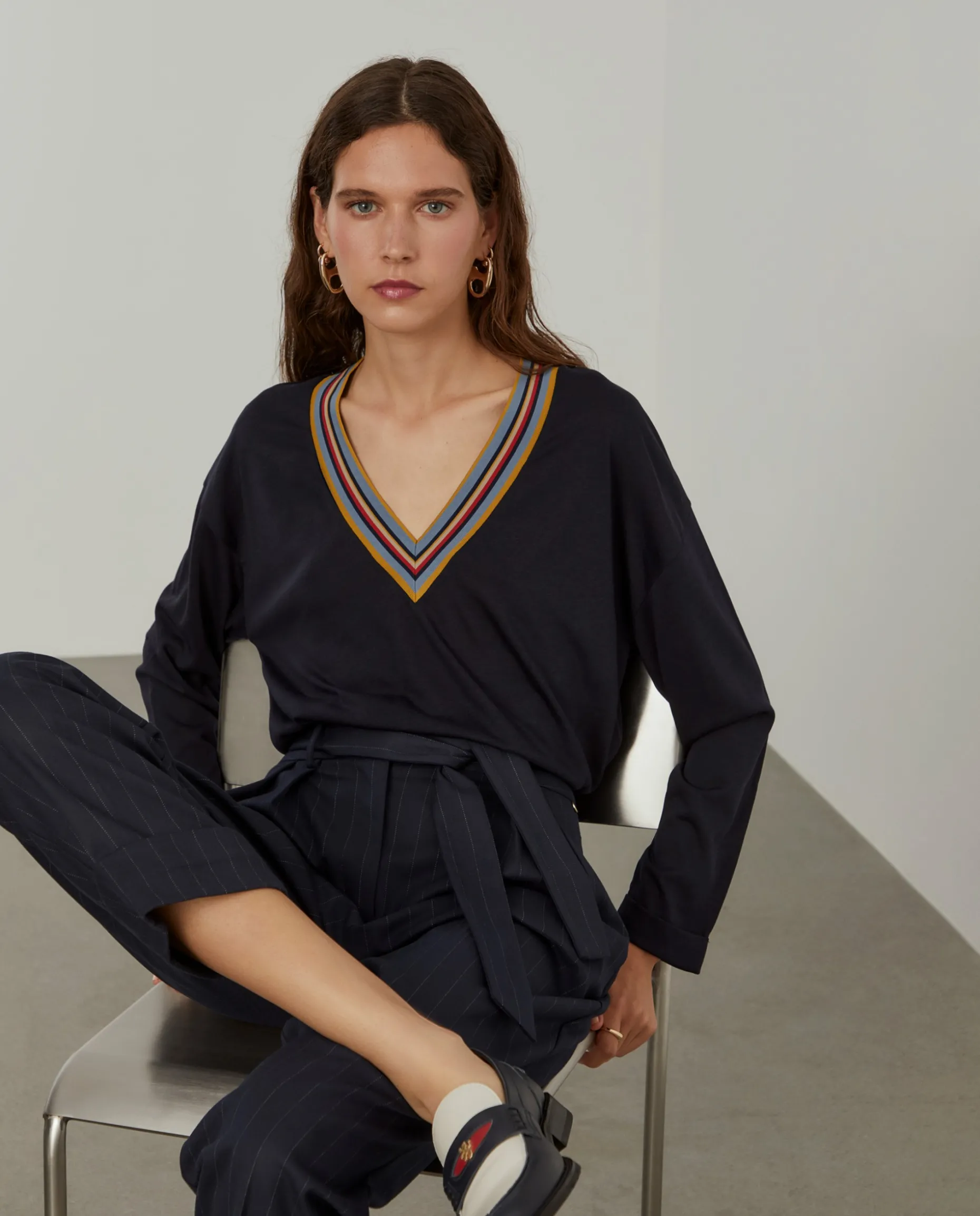 Camisola de malha em liocel e algodão com riscas