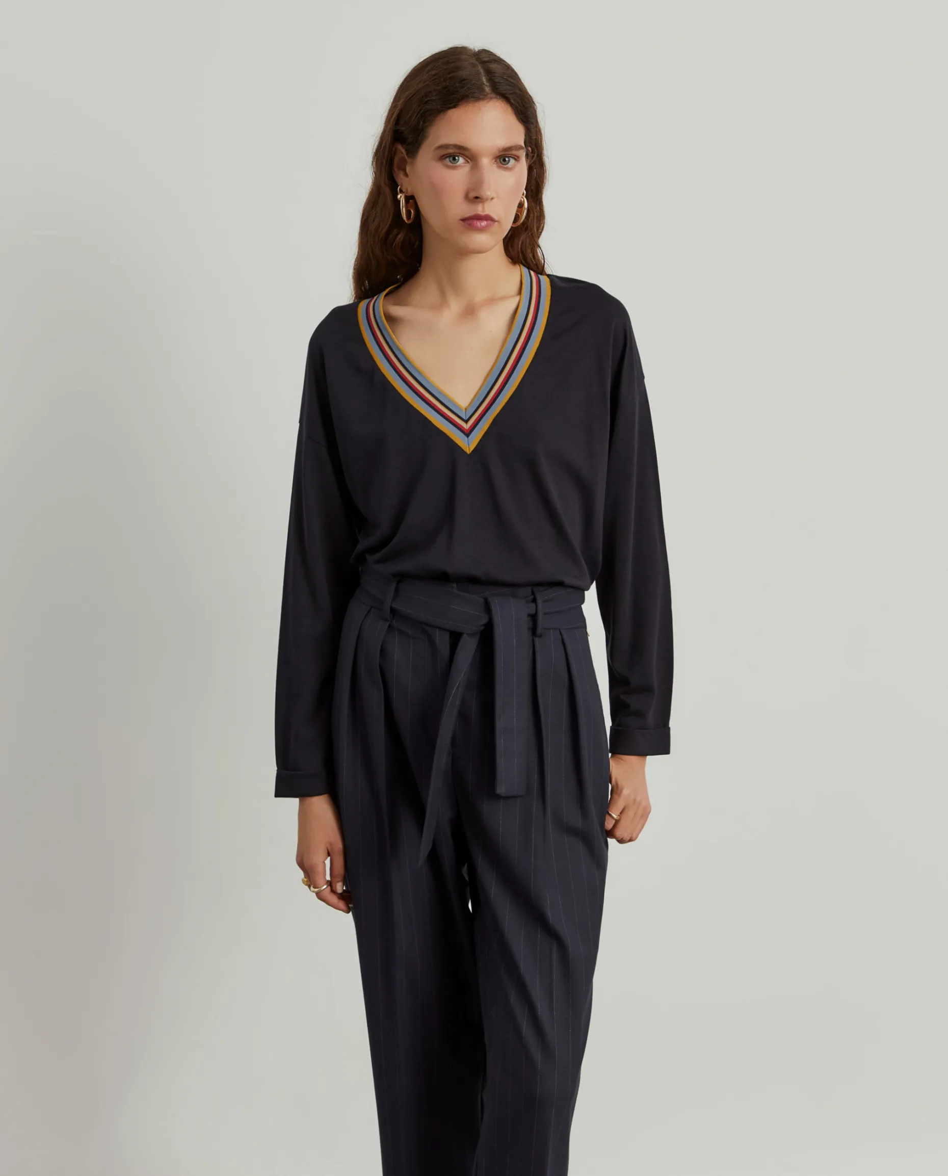 Camisola de malha em liocel e algodão com riscas