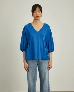 Camisola decote em V com manga abalonada