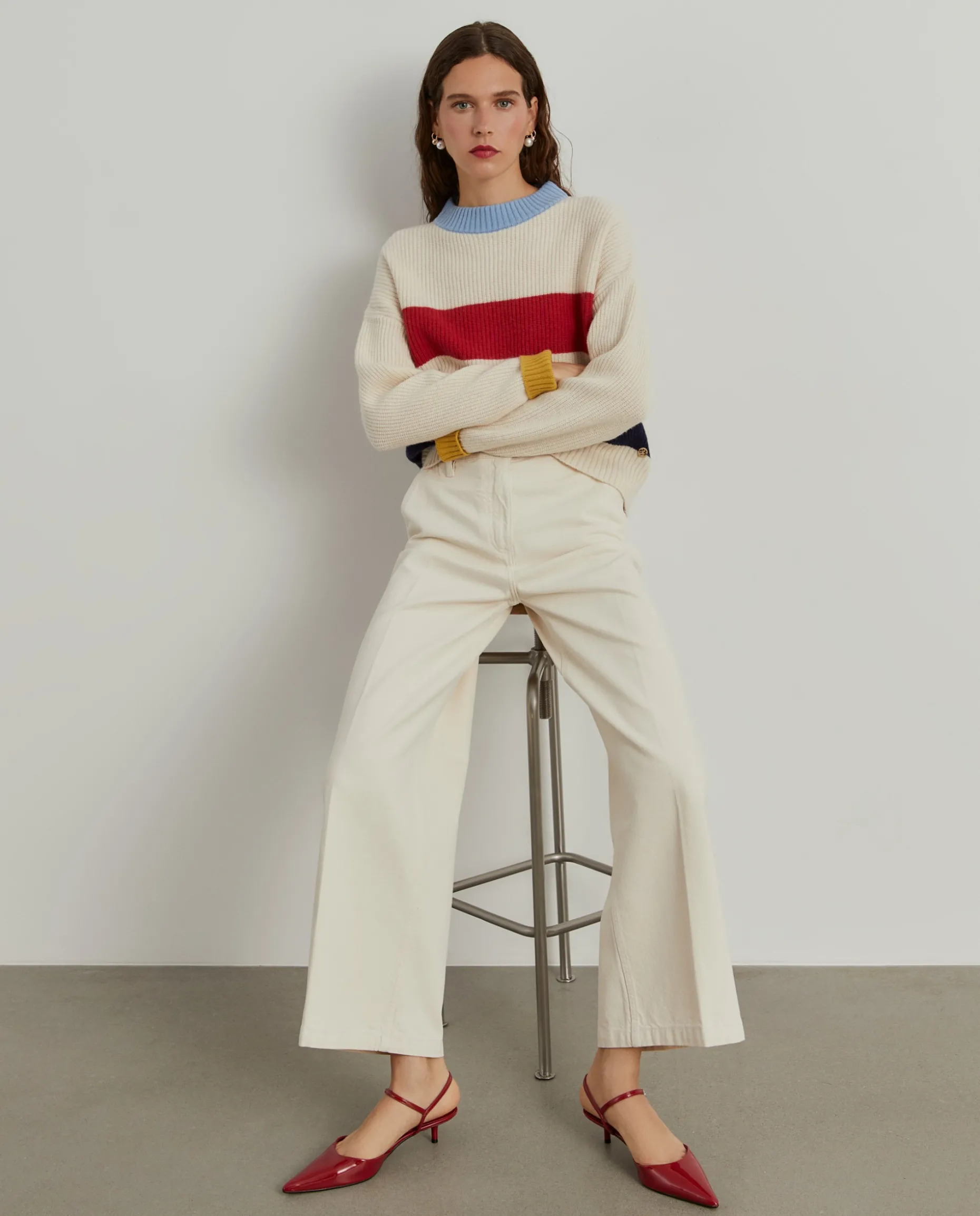 Camisola tricotada às riscas com lã e caxemira