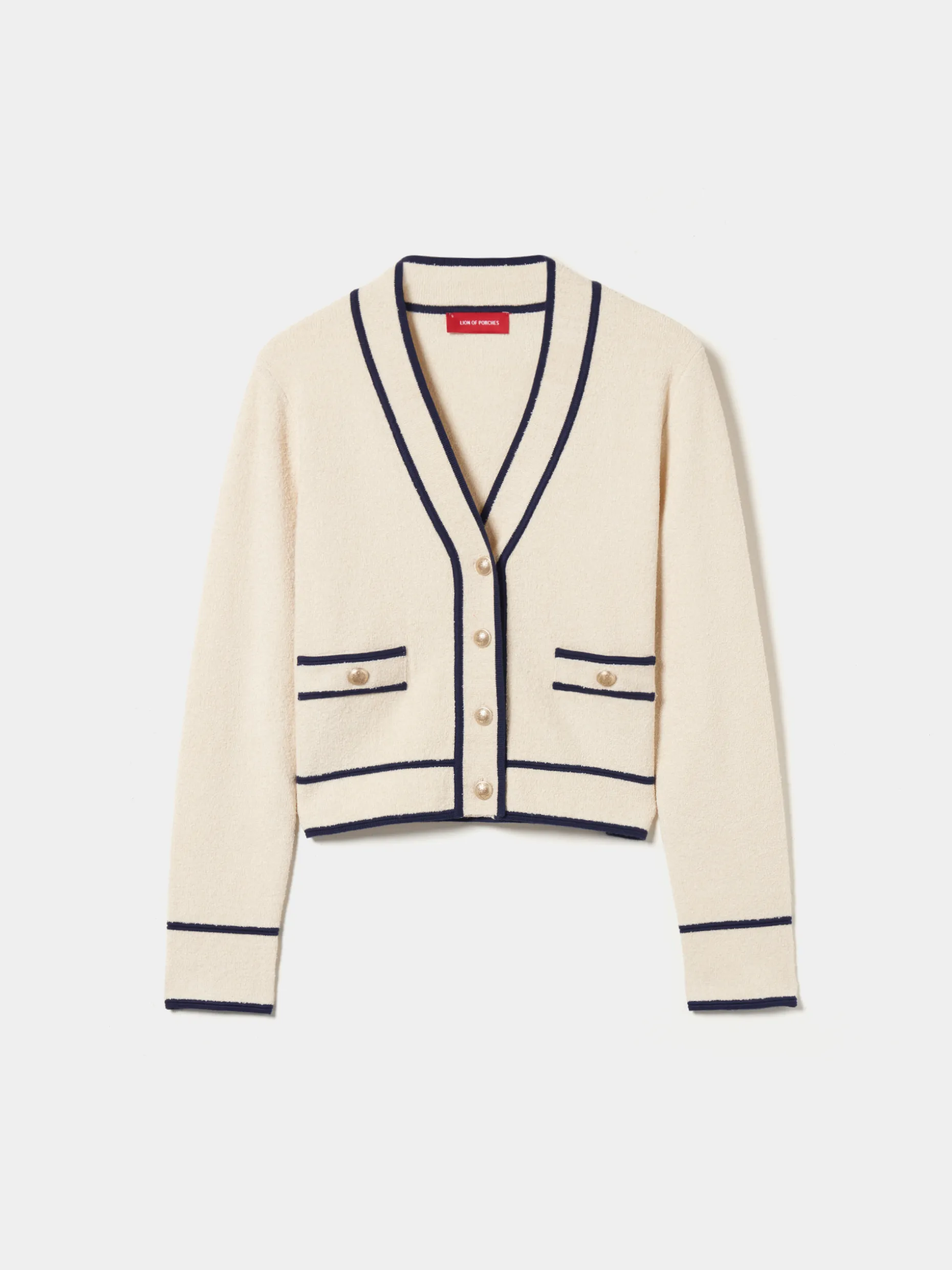 Casaco malha com riscas e botões brasão