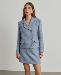 Casaco tweed cruzado com bolsos