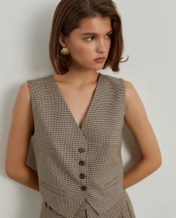 Colete curto pied de poule com bolsos