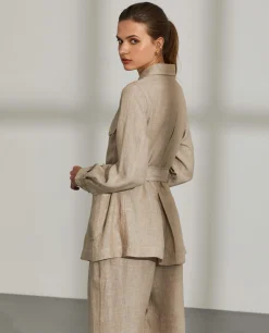 Overshirt para mulher de linho com cinto e bolsos