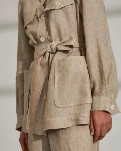 Overshirt para mulher de linho com cinto e bolsos