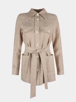 Overshirt para mulher de linho com cinto e bolsos