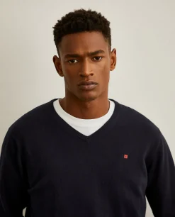 Pullover decote em V de algodão e caxemira