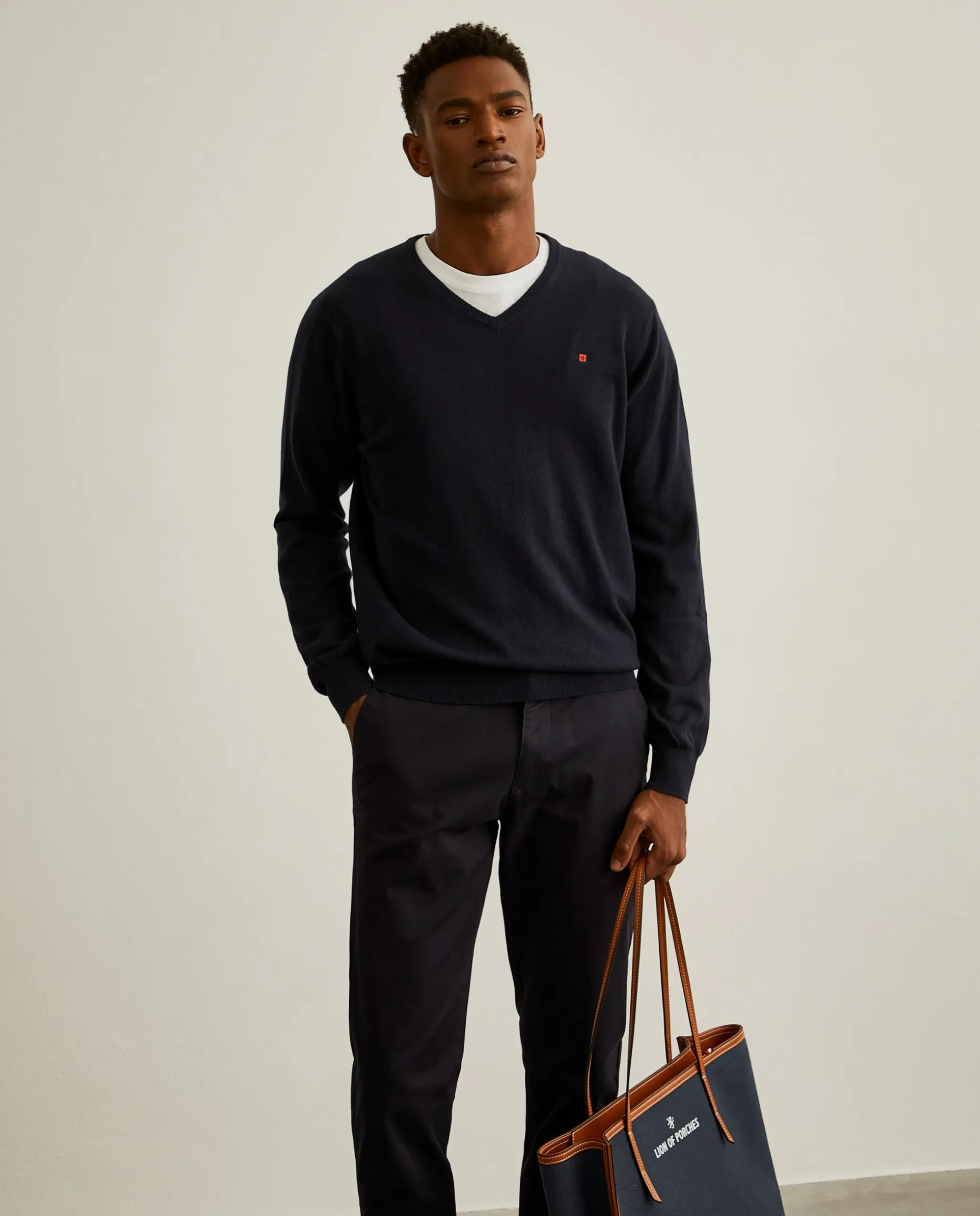 Pullover decote em V de algodão e caxemira