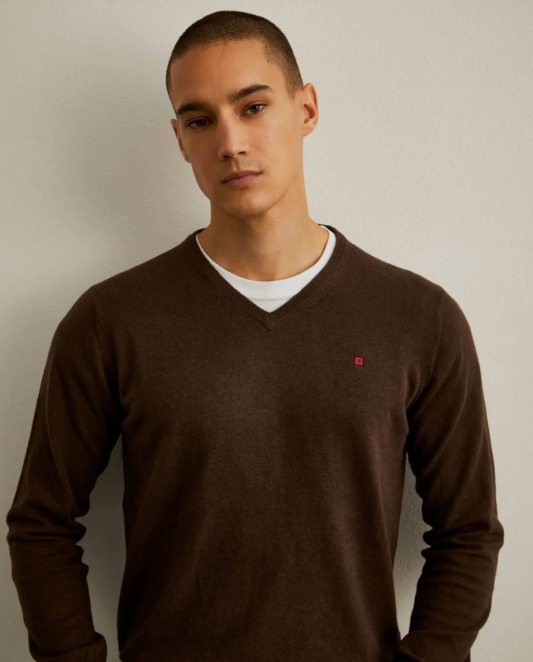 Pullover decote em V de algodão e caxemira