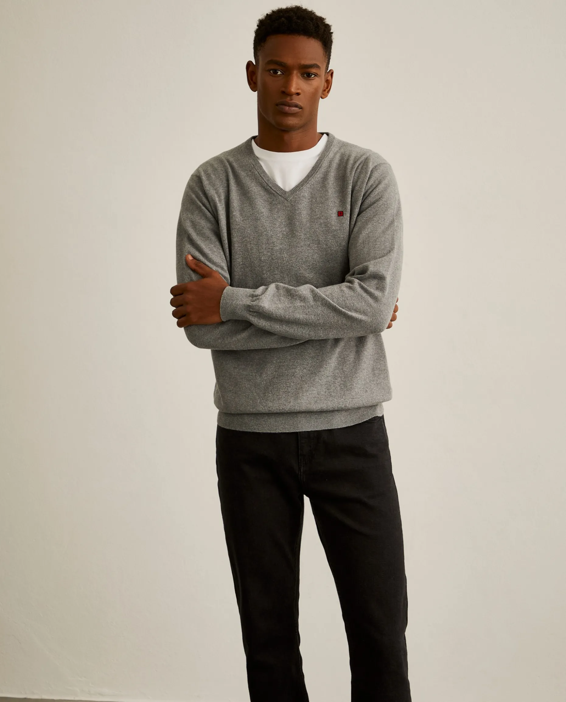 Pullover decote em V de algodão e caxemira