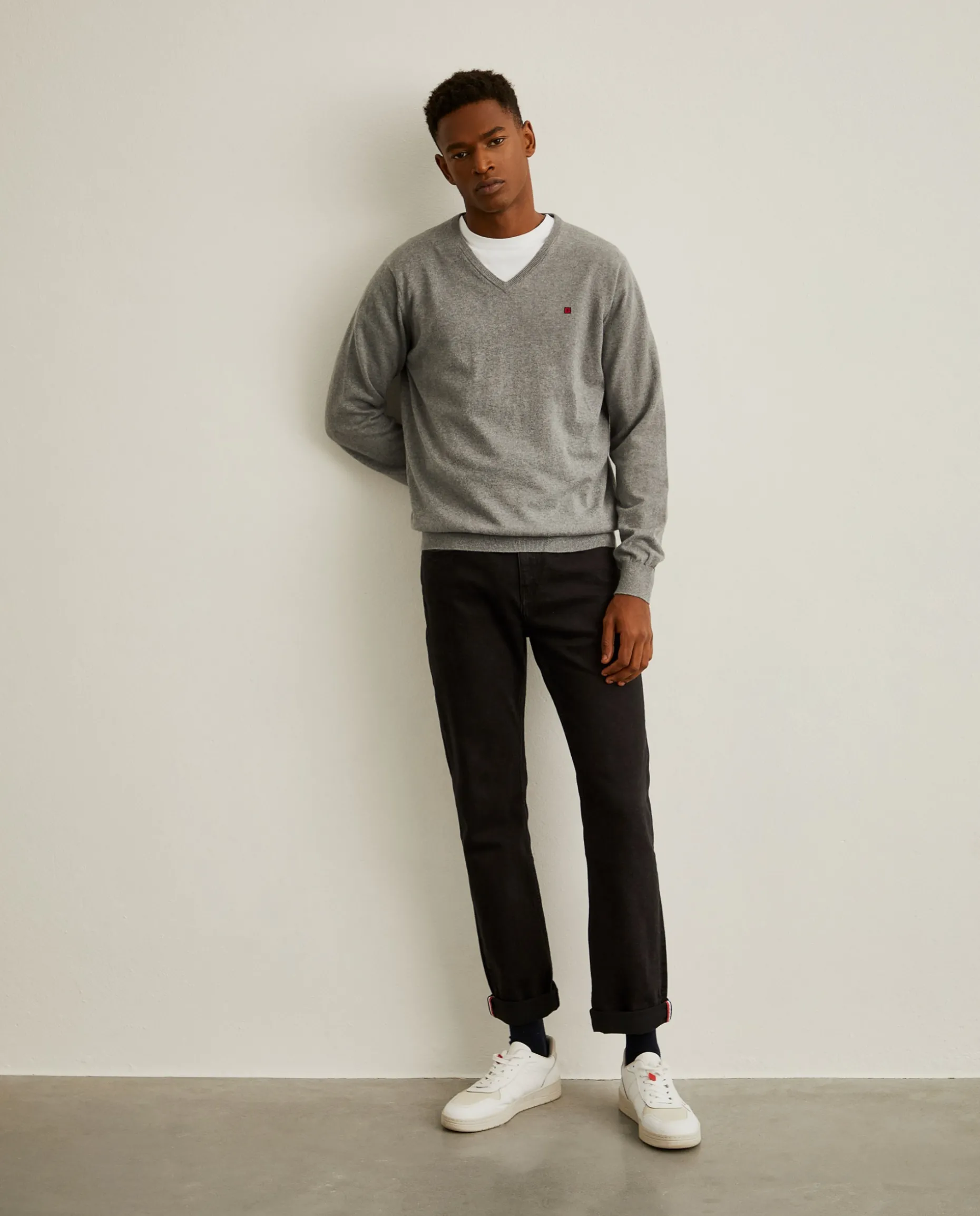 Pullover decote em V de algodão e caxemira