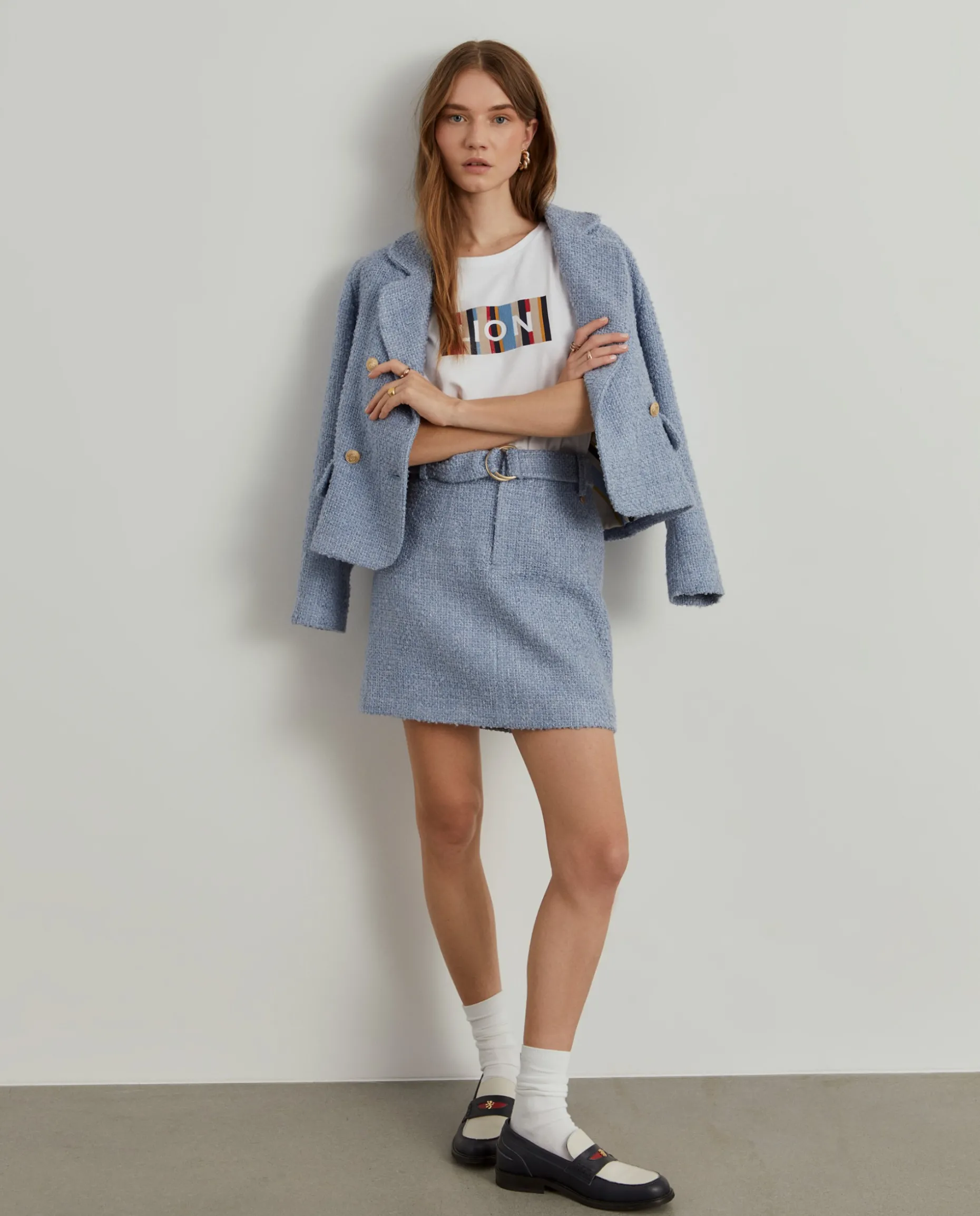 Saia tweed curta com cinto