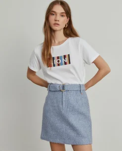 Saia tweed curta com cinto