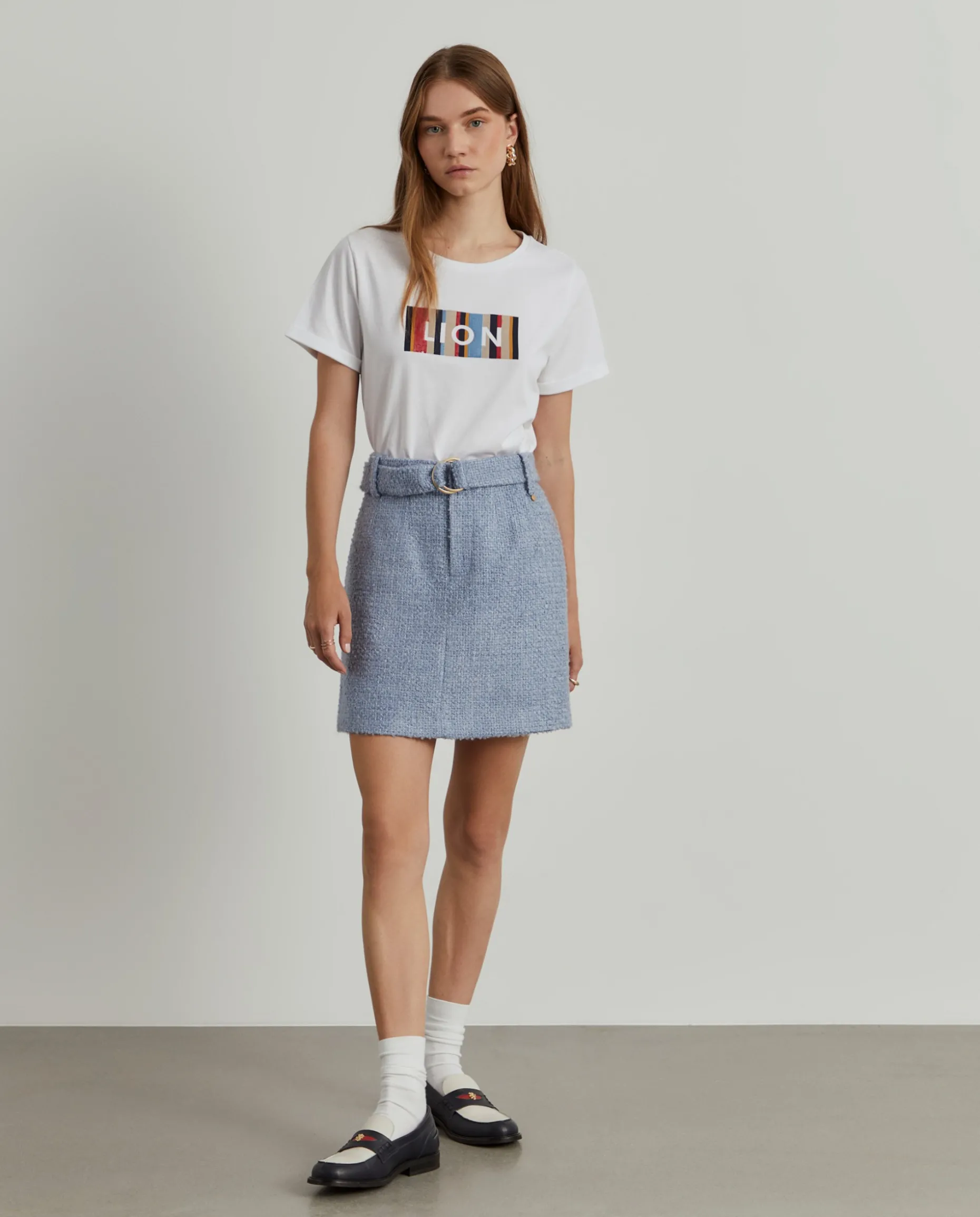 Saia tweed curta com cinto