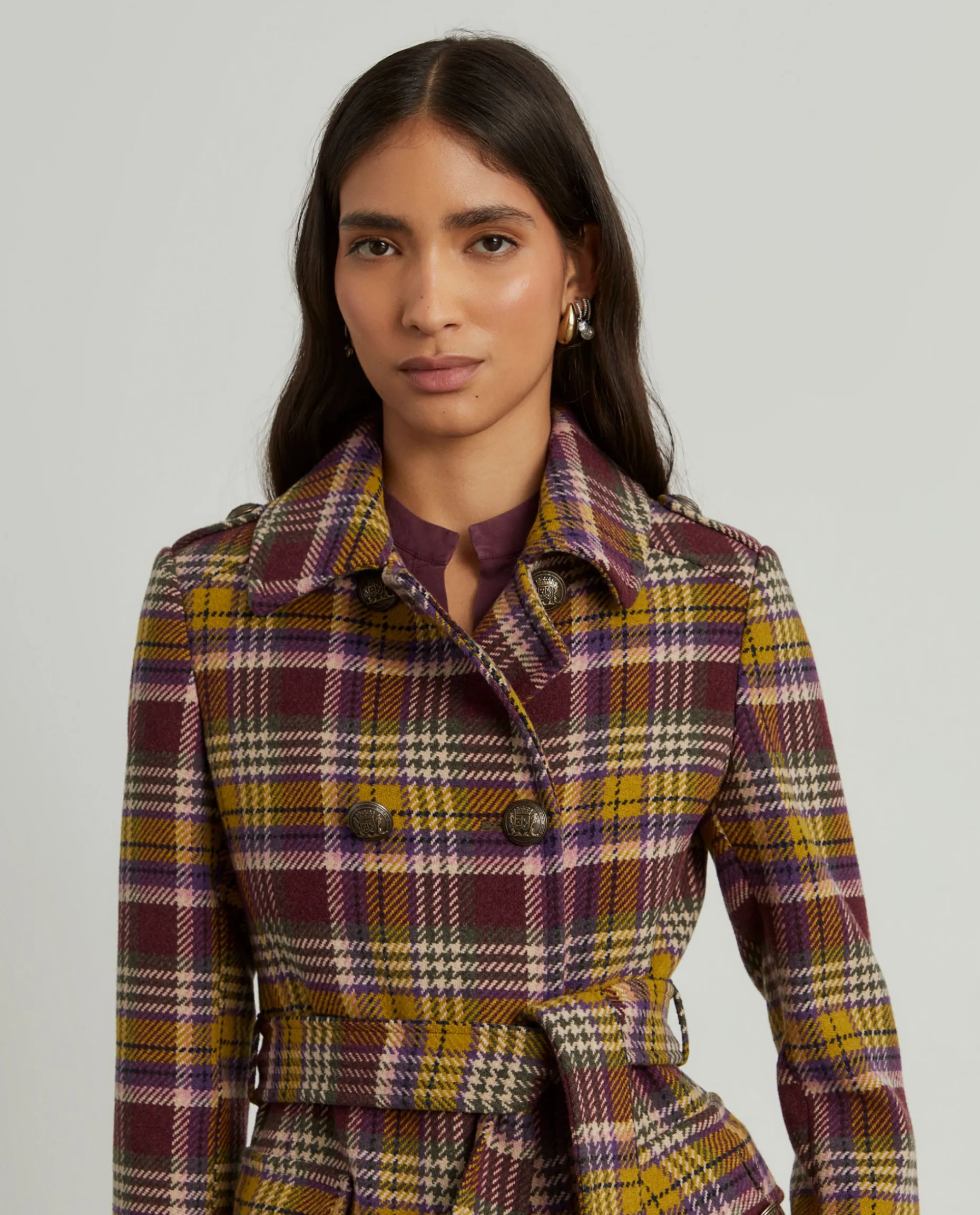 Sobretudo curto pied de poule com cinto