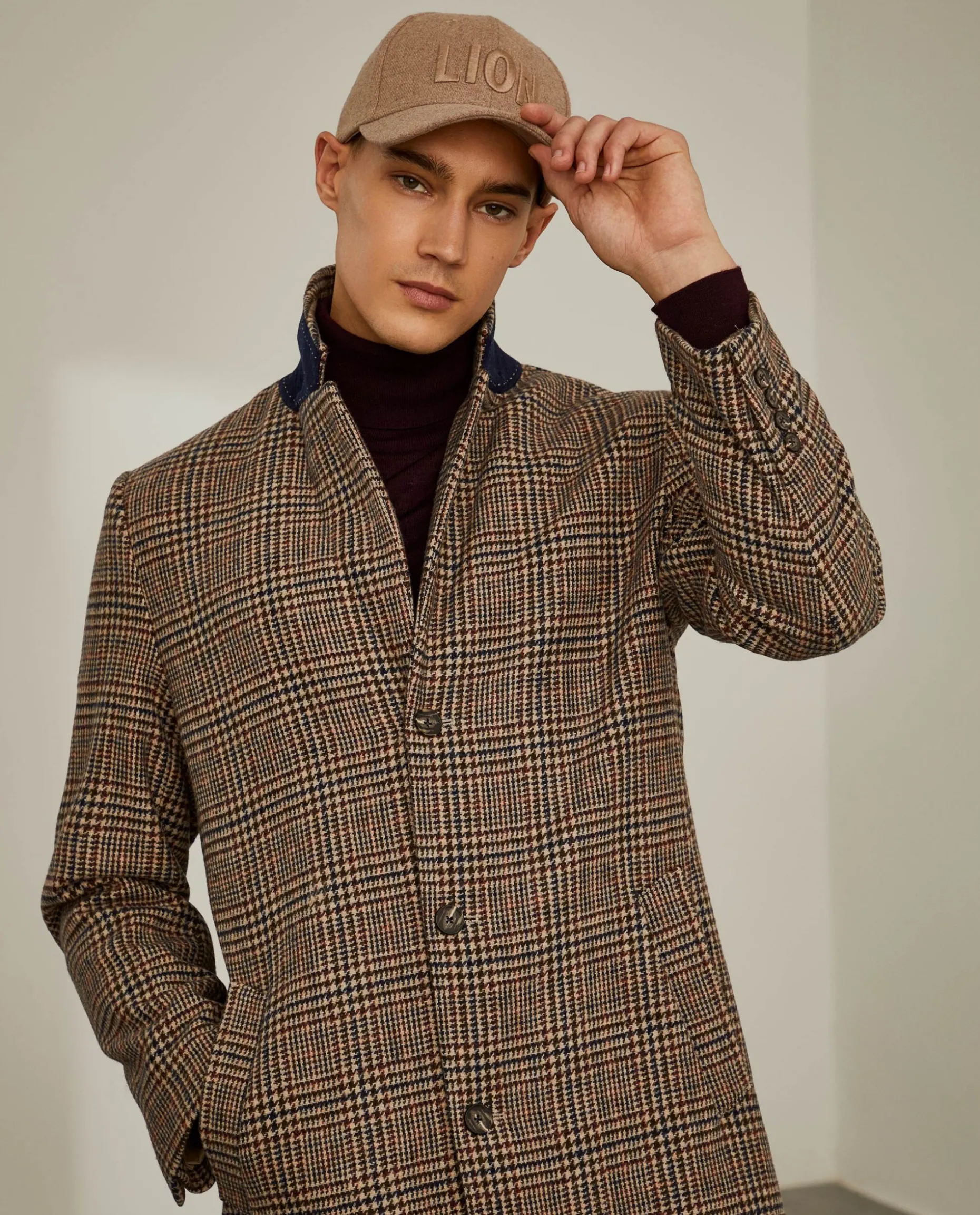 Sobretudo pied de poule em mistura de lã