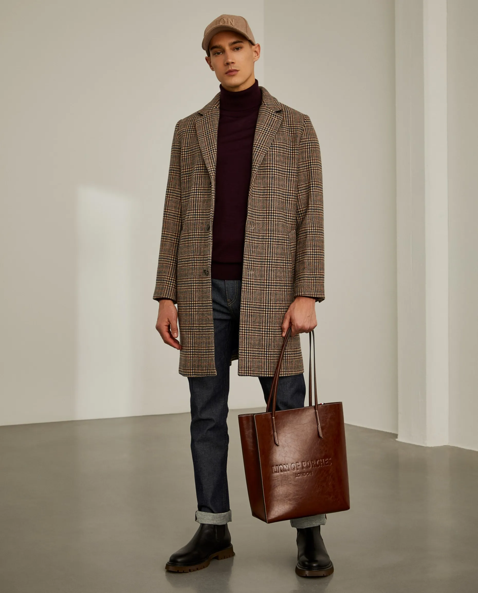 Sobretudo pied de poule em mistura de lã