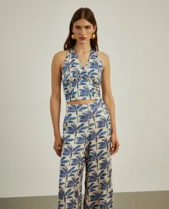 Top halter fluido com padrão palmeiras