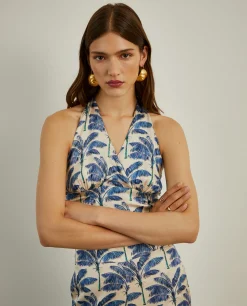 Top halter fluido com padrão palmeiras