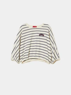 T-shirt cropped às riscas com manga abalonada