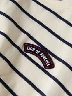 T-shirt cropped às riscas com manga abalonada