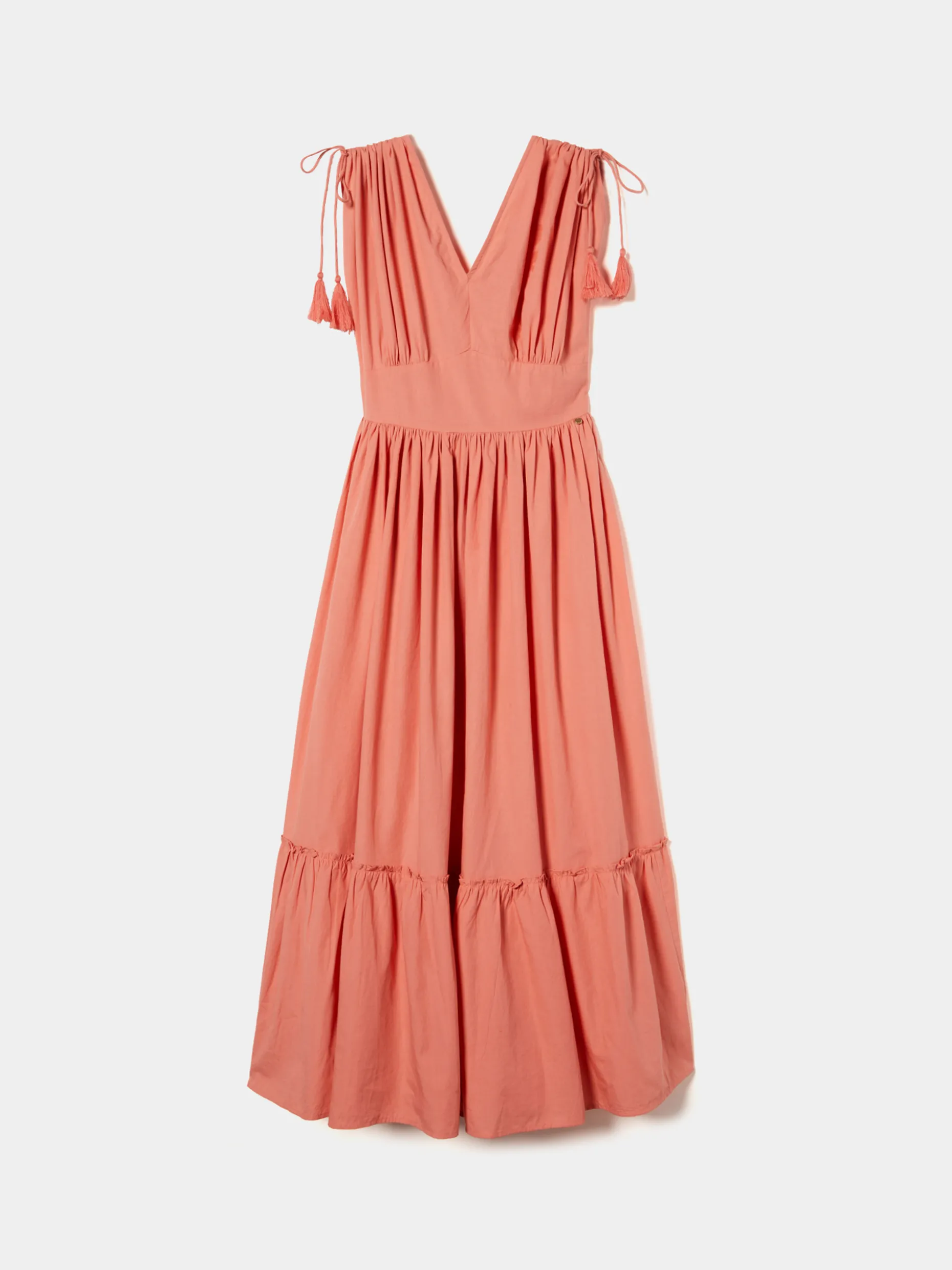 Vestido comprido com folhos e alças ajustáveis