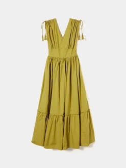 Vestido comprido com folhos e alças ajustáveis