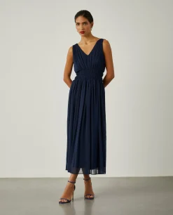 Vestido comprido plissado sem alças