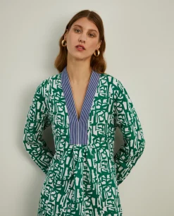 Vestido de linho e algodão com estampado abstrato