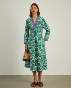 Vestido de linho e algodão com estampado abstrato