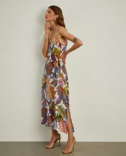 Vestido fluido de alças com padrão colorido