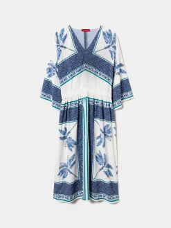 Vestido midi com padrão de palmeiras