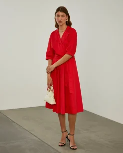 Vestido midi em algodão mangas abalonadas