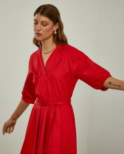 Vestido midi em algodão mangas abalonadas