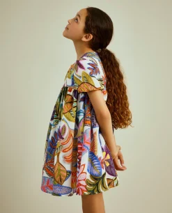 Vestido padrão tropical manga abalonada